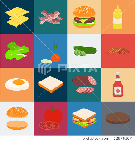 Burger and ingredients cartoon icons in set collection for design. Burger cooking vector symbol 52976107
