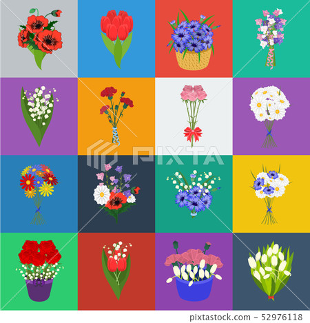 A bouquet of fresh flowers cartoon icons in set collection for design. Various bouquets vector 52976118