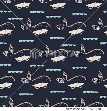 Fish seamless vector pattern. Hand drawn style dark blue fun fish background. Fish seamless vector pattern. Hand drawn style dark blue fun fish background. 52977813