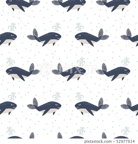 Dolphin seamless vector pattern. Cartoon style blue fun fish background. Dolphin seamless vector pattern. Cartoon style blue fun fish background. 52977814