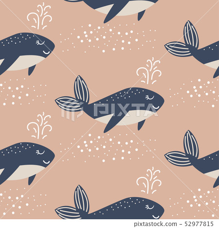 Blue whale seamless vector pattern. Cute style blue fun fish background. Blue whale seamless vector pattern. Cute style blue fun fish background. 52977815