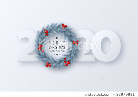 2020 New Year sign with 3d fir tree wreath. 2020 New Year sign with 3d fir tree wreath. 52979981