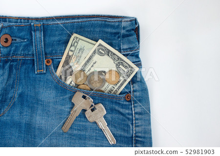 Ready money and keys to the house in pocket jeans. Ready money and keys to the house in pocket jeans. 52981903