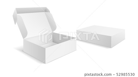 Realistic packaging boxes. Paper blank white box, carton empty mockup open closed package template Realistic packaging boxes. Paper blank white box, carton empty mockup open closed package template 52985530