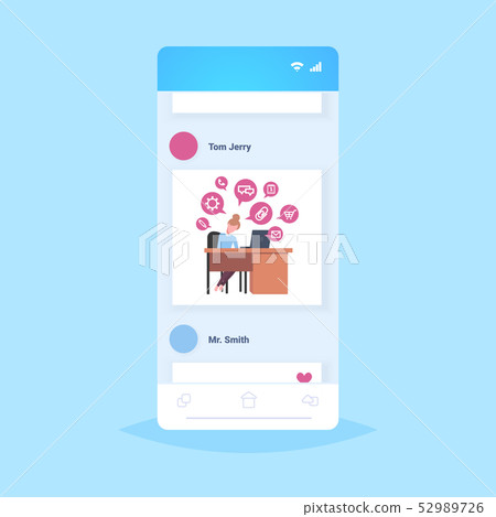 business woman sitting workplace businesswoman using laptop social media network chat bubble online business woman sitting workplace businesswoman using laptop social media network chat bubble online 52989726