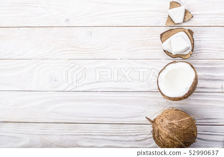 Flat lay background of coconut, coconut shell and Flat lay background of coconut, coconut shell and 52990637
