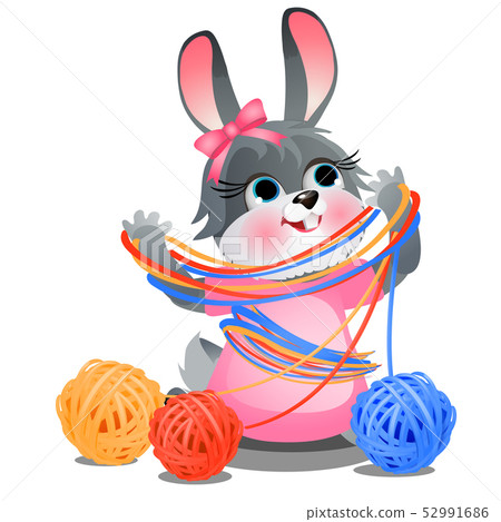 Cute naughty bunny playing with tangles of woolen colored yarn isolated on white background. Vector Cute naughty bunny playing with tangles of woolen colored yarn isolated on white background. Vector 52991686