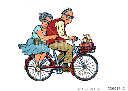 old man and woman couple in love, riding a bike 52991842