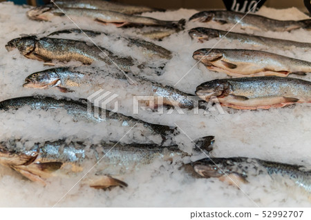 Fish, fish steaks and fish fillets lie on the ice in the supermarket Fish, fish steaks and fish fillets lie on the ice in the supermarket 52992707