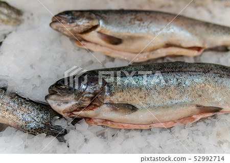 Fish, fish steaks and fish fillets lie on the ice in the supermarket Fish, fish steaks and fish fillets lie on the ice in the supermarket 52992714