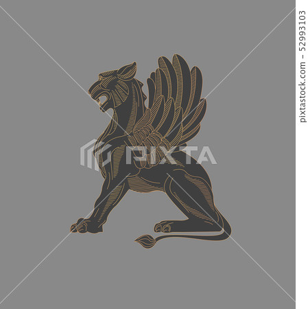Griffin engraving graphic, mythical animal linear illustration 52993103