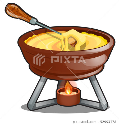Cheddar and hot cheese fondue isolated on a white background. Cartoon vector close-up illustration. Cheddar and hot cheese fondue isolated on a white background. Cartoon vector close-up illustration. 52993178