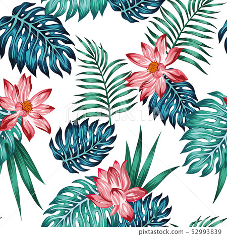 Realistic tropical blue green leaves red lotus 52993839