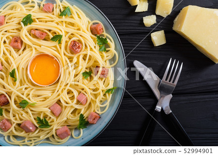 Itslian pasta carbonara with sausage and egg Itslian pasta carbonara with sausage and egg 52994901