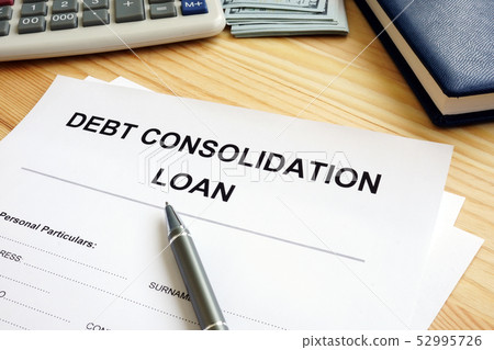Debt consolidation loan concept. Stack of papers Debt consolidation loan concept. Stack of papers 52995726