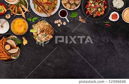 Asian food background with various ingredients on rustic stone background , top view. Asian food background with various ingredients on rustic stone background , top view. 52996686