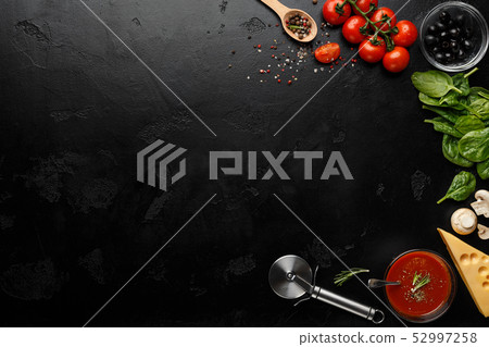 Pizza Cooking Ingredients On Black Background, Top View 52997258