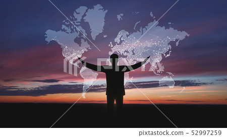 Global network concept. Male silhouette with abstract map 52997259