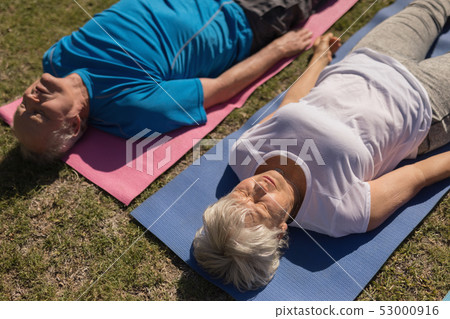 Senior man and senior woman performing yoga in the park Senior man and senior woman performing yoga in the park 53000916