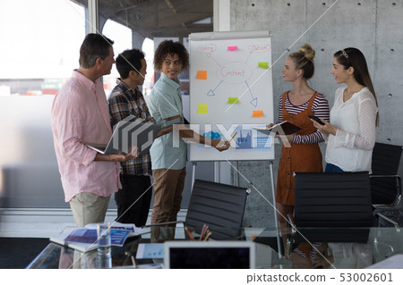Business colleagues discussing over flip chart in office Business colleagues discussing over flip chart in office 53002601
