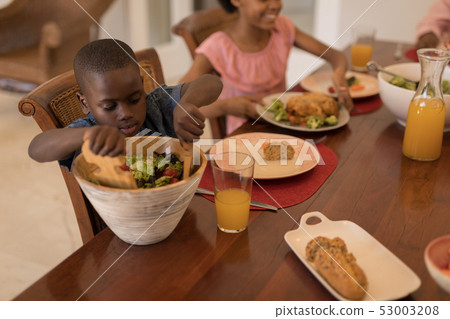 Siblings having meal together on dining table 53003208