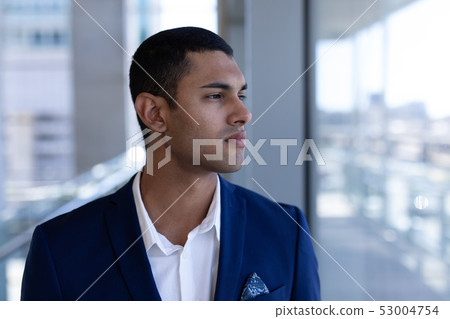 Young mixed-race businessman looking away in modern office Young mixed-race businessman looking away in modern office 53004754