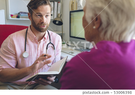 Male doctor writing prescription to senior woman in clinic Male doctor writing prescription to senior woman in clinic 53006398