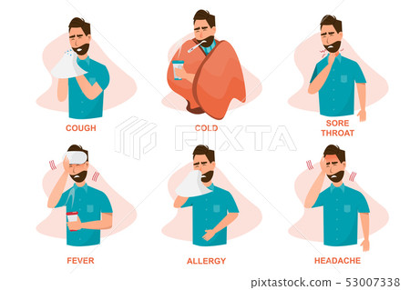 Set of sick people feeling unwell, cough, having Set of sick people feeling unwell, cough, having 53007338