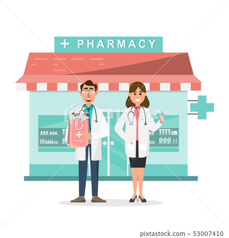 pharmacy with doctor and nurse in front of pharmacy with doctor and nurse in front of 53007410