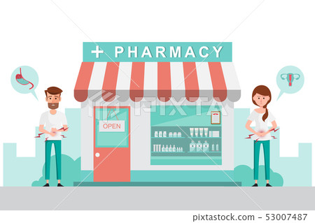 pharmacy with man and woman in front of drugstore. 53007487