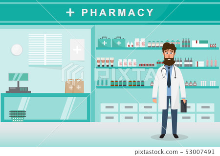 pharmacy with doctor in counter. drugstore cartoon 53007491