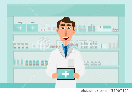 pharmacy with doctor in counter. drugstore cartoon 53007501