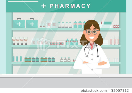pharmacy with nurse in counter. drugstore cartoon 53007512