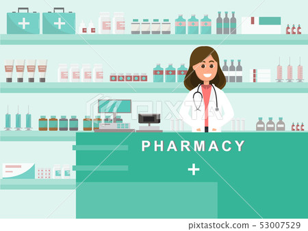 pharmacy with nurse in counter. drugstore cartoon pharmacy with nurse in counter. drugstore cartoon 53007529