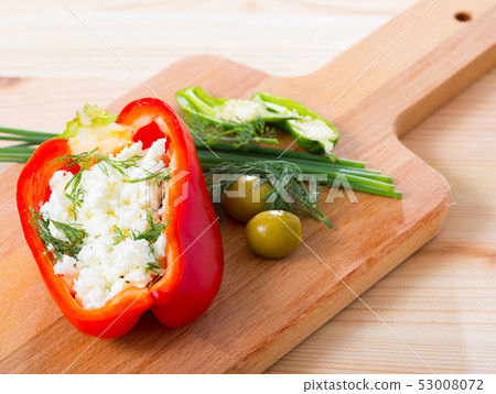 Photography of plate with pepper stuffed with brynza Photography of plate with pepper stuffed with brynza 53008072