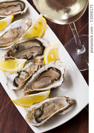 Oysters with lemon on plate Oysters with lemon on plate 53008175