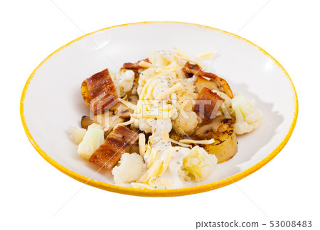Baked potatoes with cauliflower, bacon, cheese sauce 53008483