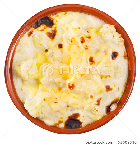 Tasty baked cauliflower with bechamel sauce in clay pot Tasty baked cauliflower with bechamel sauce in clay pot 53008586