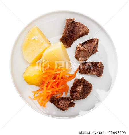 Top view of steamed veal with potato, grated carrots Top view of steamed veal with potato, grated carrots 53008599