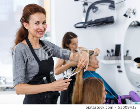 Hairdresser doing styling of girl Hairdresser doing styling of girl 53009432