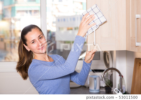 Smiling woman is cleaning surface on the kitchen at the home 53011500