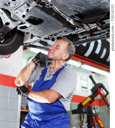 Thoughtful mechanician near repairable car Thoughtful mechanician near repairable car 53014201