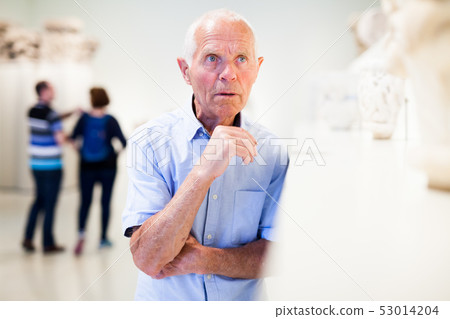 Mature man visiting sculptures exhibition 53014204