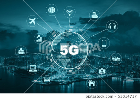 5G technology with earth dot in center of various icon internet of thing over the Aerial View of Hong Kong Cityscape, Wireless communication connection network concept. 5G technology with earth dot in center of various icon internet of thing over the Aerial View of Hong Kong Cityscape, Wireless communication connection network concept. 53014717