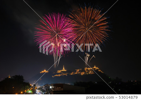 Landscape Scene of multicolor Fireworks annual festival over the Phra Nakhon Khiri (Khao Wang) which is ancient one of the landmark in Phetchaburi Province Thailand. Celebration concept 53014879