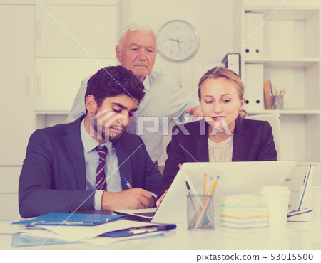 Managers are demonstrating reports on laptop to mature boss Managers are demonstrating reports on laptop to mature boss 53015500