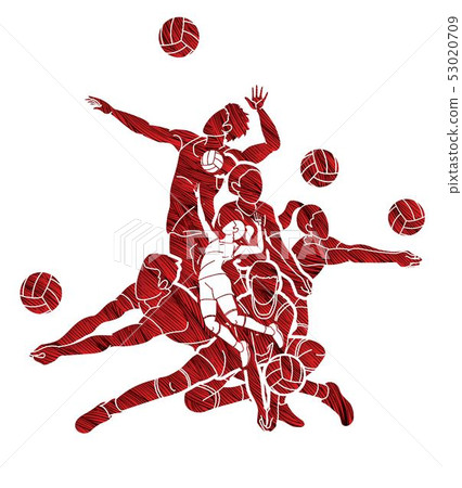 Group of volleyball players action cartoon graphic Group of volleyball players action cartoon graphic 53020709