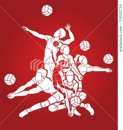 Group of volleyball players action cartoon graphic Group of volleyball players action cartoon graphic 53020714