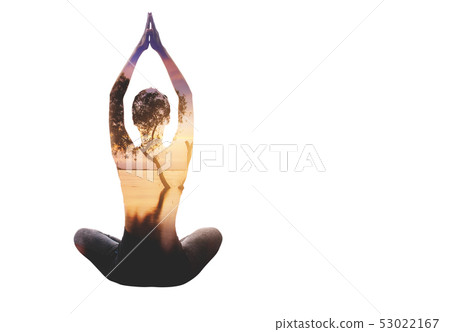 double exposure women doing yoga and a tree on 53022167