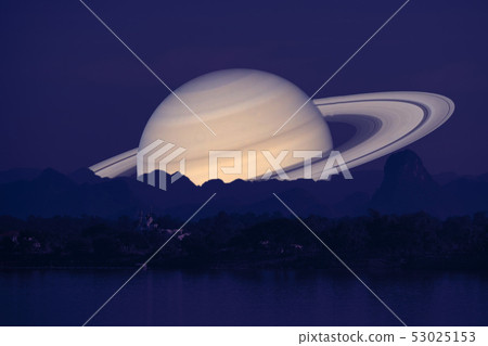 Saturn planet back silhouette river and mountain Saturn planet back silhouette river and mountain 53025153